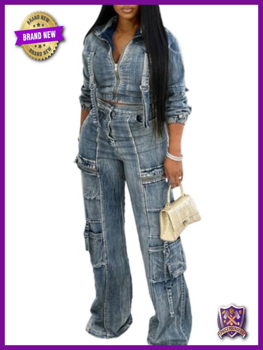 Women's 2 Piece Denim Cargo Jean Set Cropped Zip Jacket & Straight Leg Pants